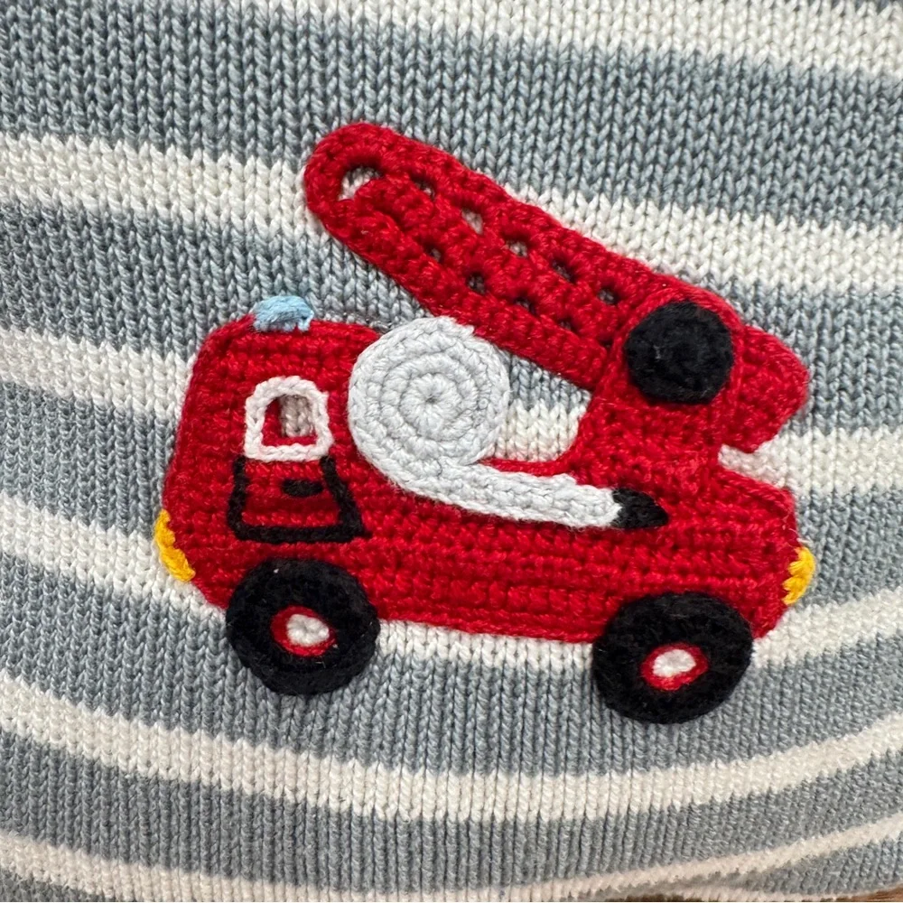 Melange Knit Embroidered Firetruck Pillow Decorative Grey White Striped Small